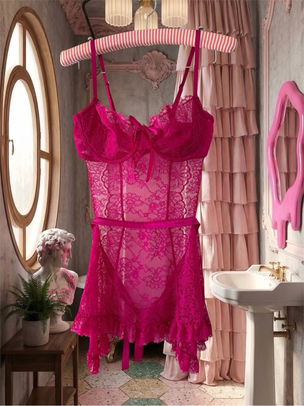 Victoria’s Secret Wicked Rose Fuchsia Pink Lace Apron Lingerie Dress Size L